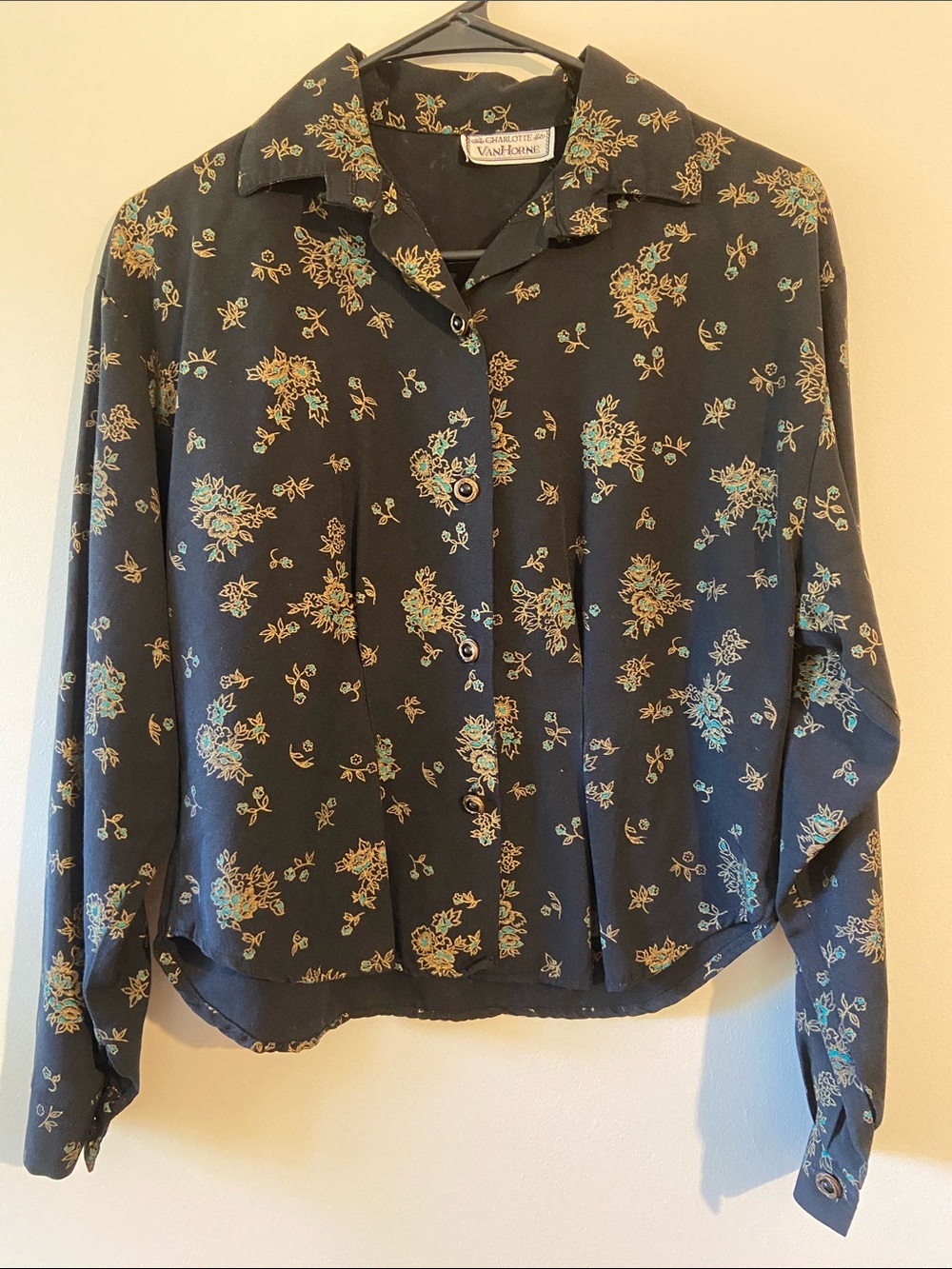 Vintage Black Floral Button-Down Blouse with Teal Accents